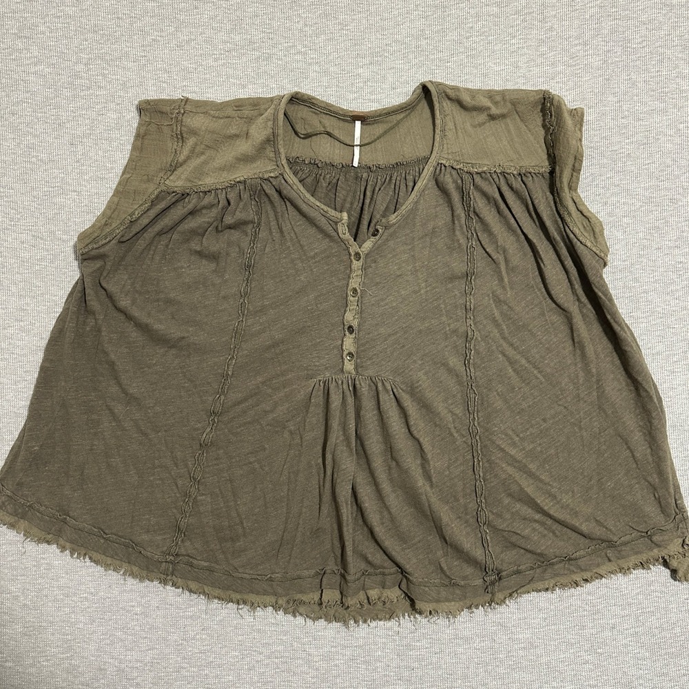 Free People Olive Green Linen Blend Henley Tank Top XS Relaxed Frayed Hem